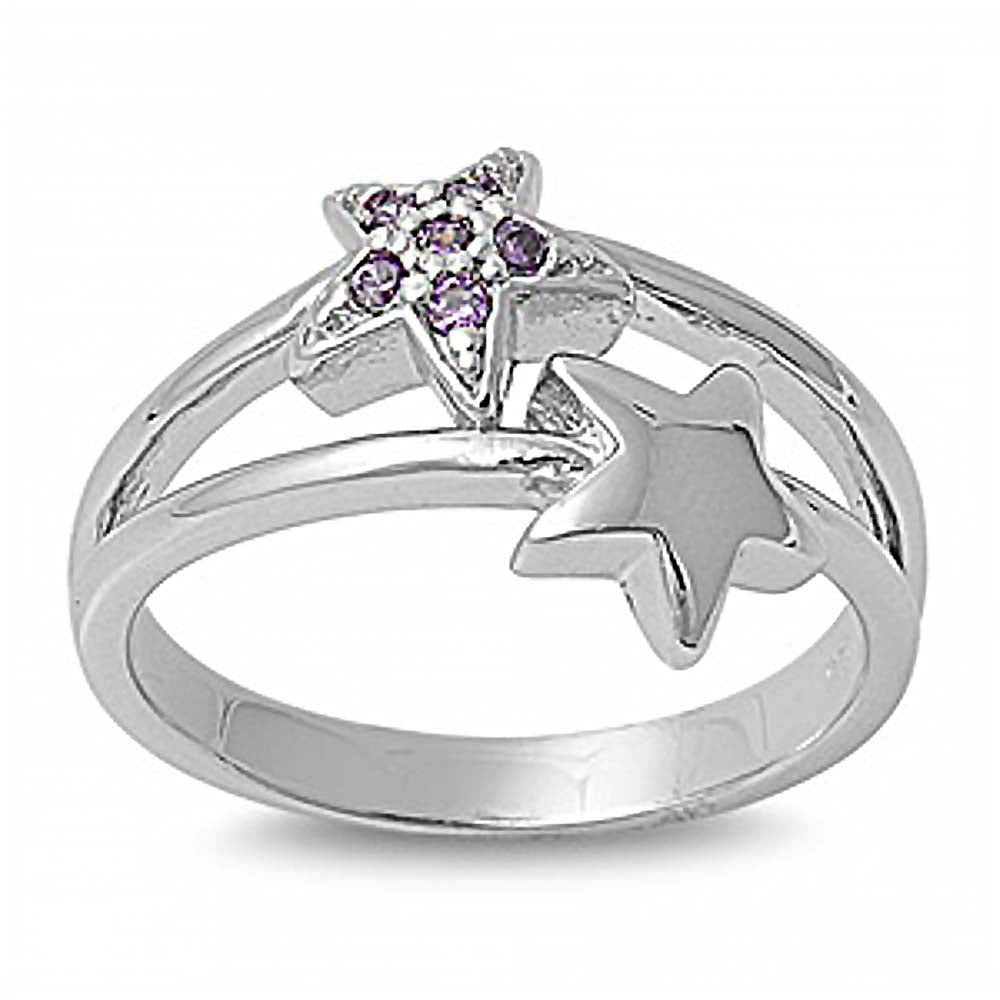 Sterling Silver Stars Shaped Amethyst And Clear CZ RingAnd Face Height 13mm