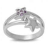 Sterling Silver Stars Shaped Amethyst And Clear CZ RingAnd Face Height 13mm