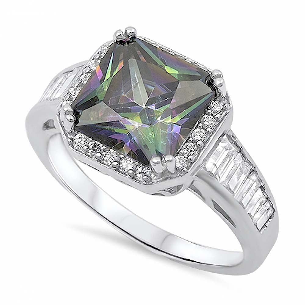 Sterling Silver Solitaire Princess Cut Rainbow Topaz CZ On Prong Setting with Halo Design, Face Height 12MM