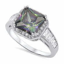 Load image into Gallery viewer, Sterling Silver Solitaire Peincess Cut Rainbow Topaz Simulated Diamond On Prong Setting with Halo DesignAnd Face Height 12MM