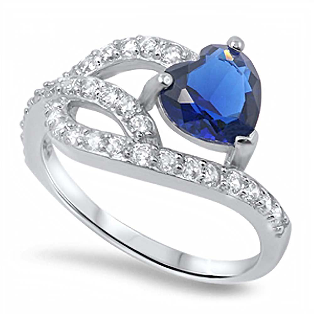 Sterling Silver Fancy Band Ring Inlaid with Clear Czs and Centered Solitaire Heart Cut Blue Sapphire CAnd Face Height of 13MM