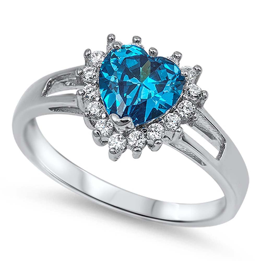 Sterling Silver Rhodium Plated Heart Shaped Blue Zircon And Clear CZ RingAnd Face Height 12mm