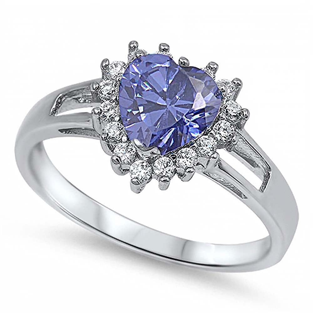 Sterling Silver Rhodium Plated Heart Shaped Tanzanite And Clear CZ RingAnd Face Height 12mm