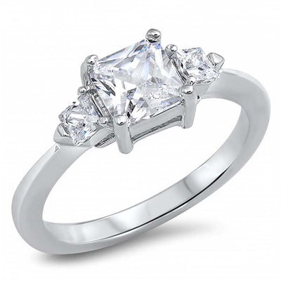 Sterling Silver Three Stone Square Shaped Clear CZ RingAnd Face Height 6mm