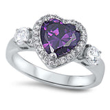 Sterling Silver Heart Shaped Amethyst And Clear CZ RingAnd Face Height 12mm