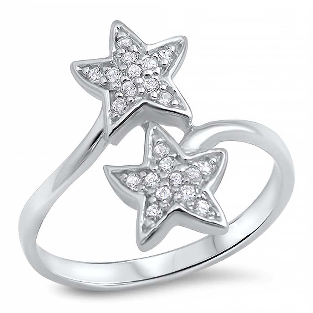 Sterling Silver Double Stars Shaped Clear CZ RingAnd Face Height 18mm