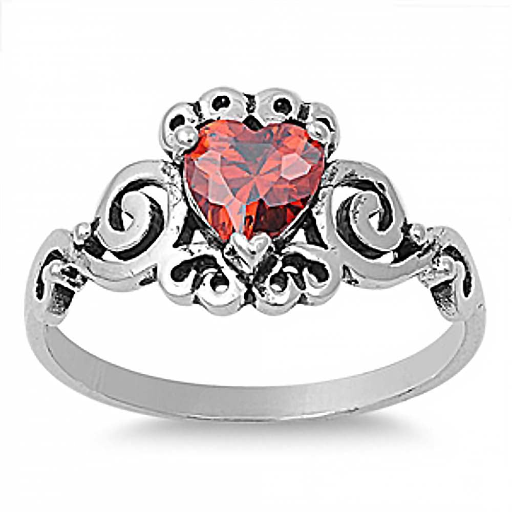 Sterling Silver Heart Shaped Garnet CZ RingAnd Face Height 10mm