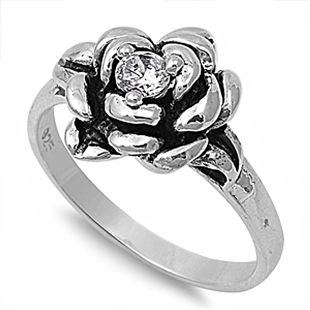 Sterling Silver Rose Shaped Clear CZ RingAnd Face Height 11mm