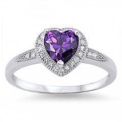 Sterling Silver Trendy Heart Amethyst Cz with Halo Clear Czs Inlaid RingAnd Face Height of 8MM