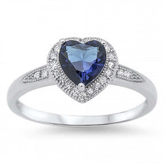 Sterling Silver Trendy Heart Blue Sapphire Cz with Halo Clear Czs Inlaid RingAnd Face Height of 8MM