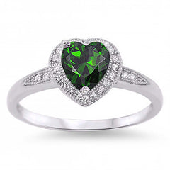 Sterling Silver Trendy Heart Emerald Cz with Halo Clear Czs Inlaid RingAnd Face Height of 8MM