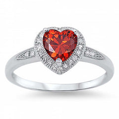 Sterling Silver Trendy Heart Garnet Cz with Halo Clear Czs Inlaid RingAnd Face Height of 8MM