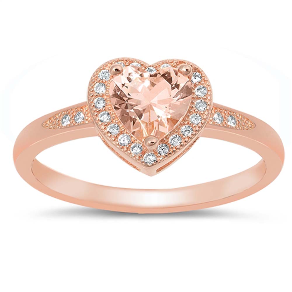 Sterling Silver Rose Gold Plated Heart With Morganite And Cubic Zirconia Ring