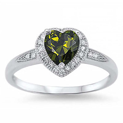 Sterling Silver Heart Shaped Peridot with Halo Clear Czs Inlaid Ring, Face Height of 8MM