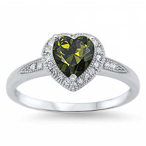Sterling Silver Heart Shaped Peridot with Halo Clear Czs Inlaid Ring, Face Height of 8MM