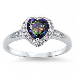 Sterling Silver Trendy Heart Rainbow Topaz Cz with Halo Clear Czs Inlaid RingAnd Face Height of 8MM
