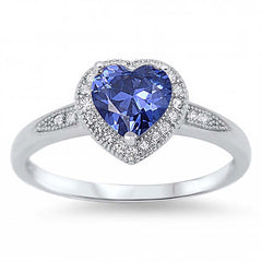 Sterling Silver Trendy Heart Tanzanite Cz with Halo Clear Czs Inlaid RingAnd Face Height of 8MM