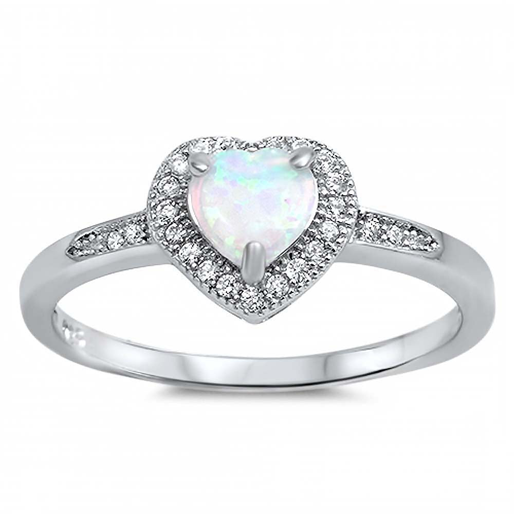 Sterling Silver Heart Shaped White Lab Opal And Clear CZ RingAnd Face Height 8mm