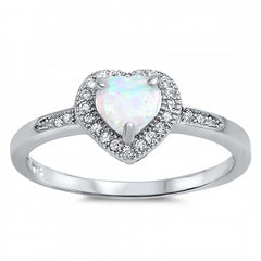 Sterling Silver Heart Shaped White Lab Opal And Clear CZ RingAnd Face Height 8mm