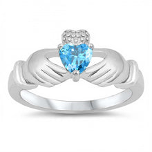 Load image into Gallery viewer, Sterling Silver Claddagh Shaped Blue Topaz CZ RingAnd Face Height 12mm