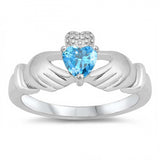 Sterling Silver Claddagh Shaped Blue Topaz CZ RingAnd Face Height 12mm