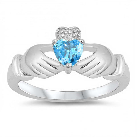 Sterling Silver Claddagh Shaped Blue Topaz CZ RingAnd Face Height 12mm