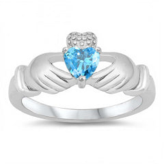 Sterling Silver Claddagh Shaped Blue Topaz CZ RingAnd Face Height 12mm