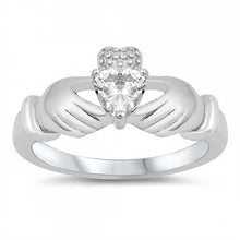 Load image into Gallery viewer, Sterling Silver Claddagh Shaped Clear CZ RingAnd Face Height 12mm