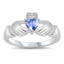 Load image into Gallery viewer, Sterling Silver Claddagh Shaped Tanzanite CZ RingAnd Face Height 12mm