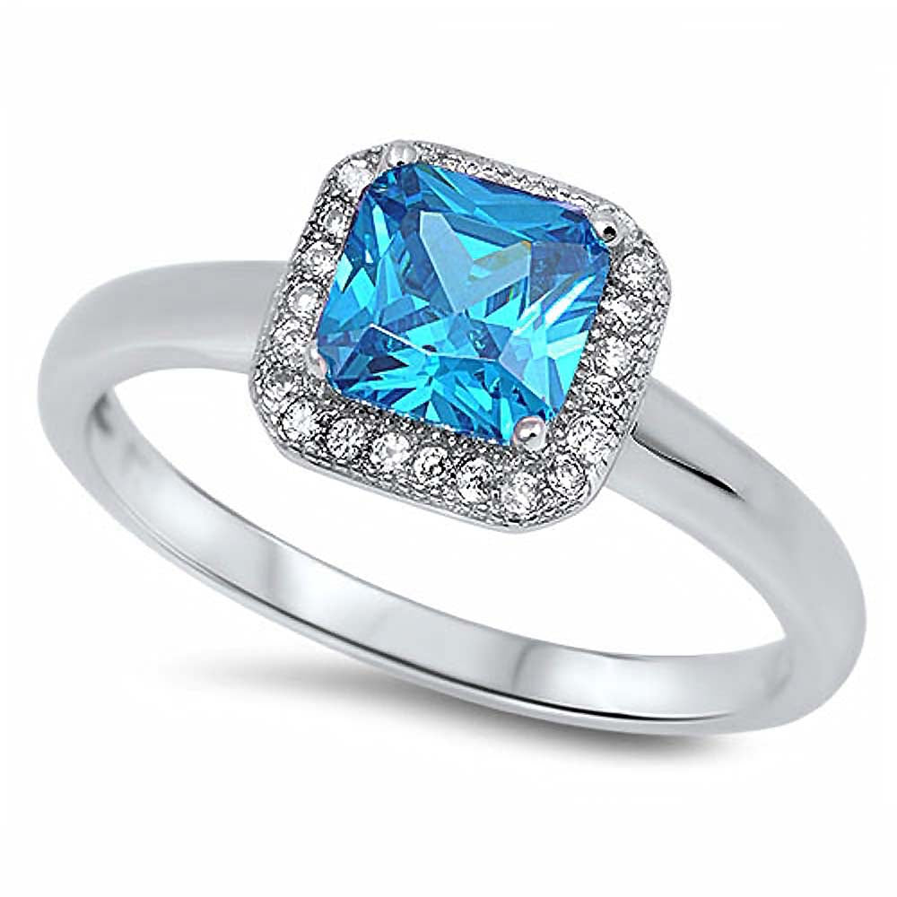 Sterling Silver Square Shaped Blue Topaz And Clear CZ RingAnd Face Height 9mm