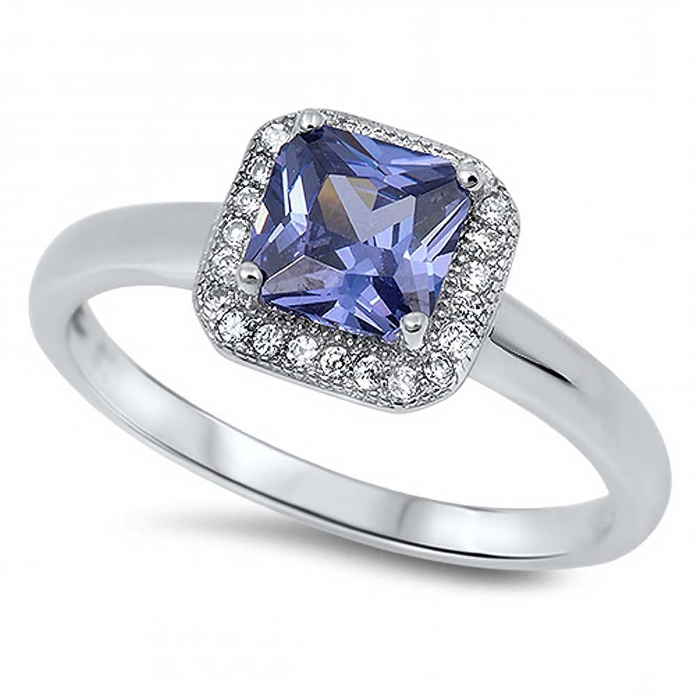 Sterling Silver Square Shaped Tanzanite And Clear CZ RingAnd Face Height 9mm