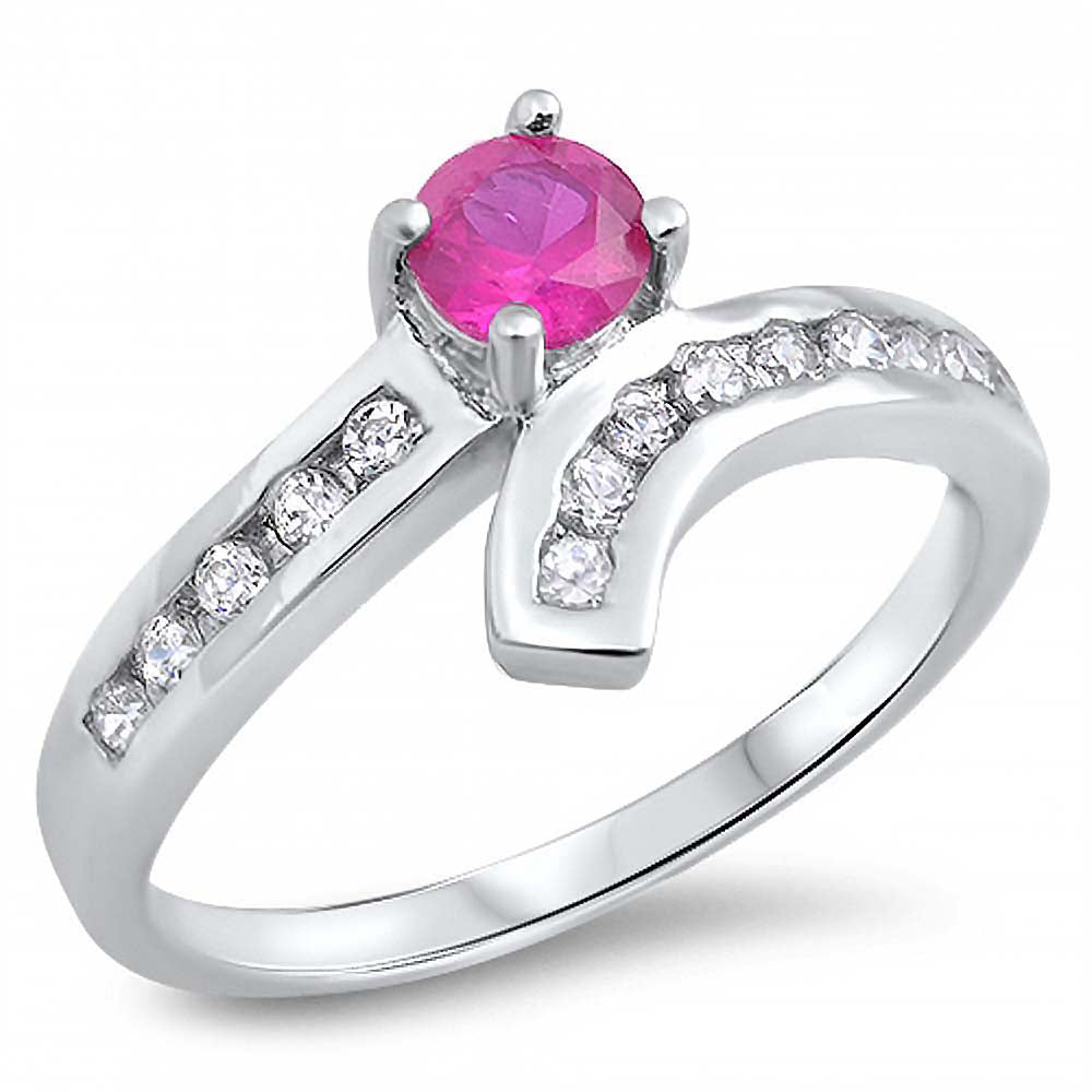 Sterling Silver Round And Curve Shaped Ruby And Clear CZ RingAnd Face Height 10mm