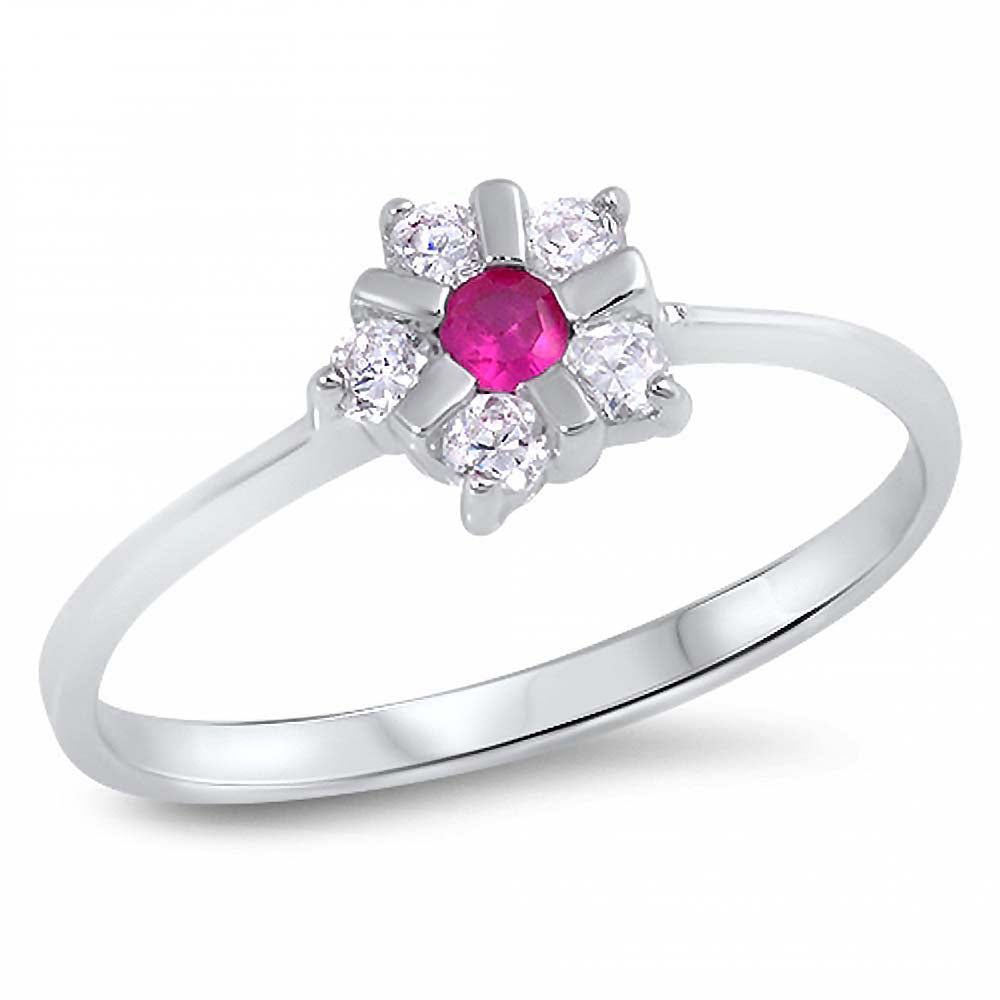 Sterling Silver Flower Shaped Ruby And Clear CZ RingAnd Face Height 7mm