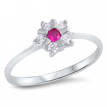 Load image into Gallery viewer, Sterling Silver Flower Shaped Ruby And Clear CZ RingAnd Face Height 7mm