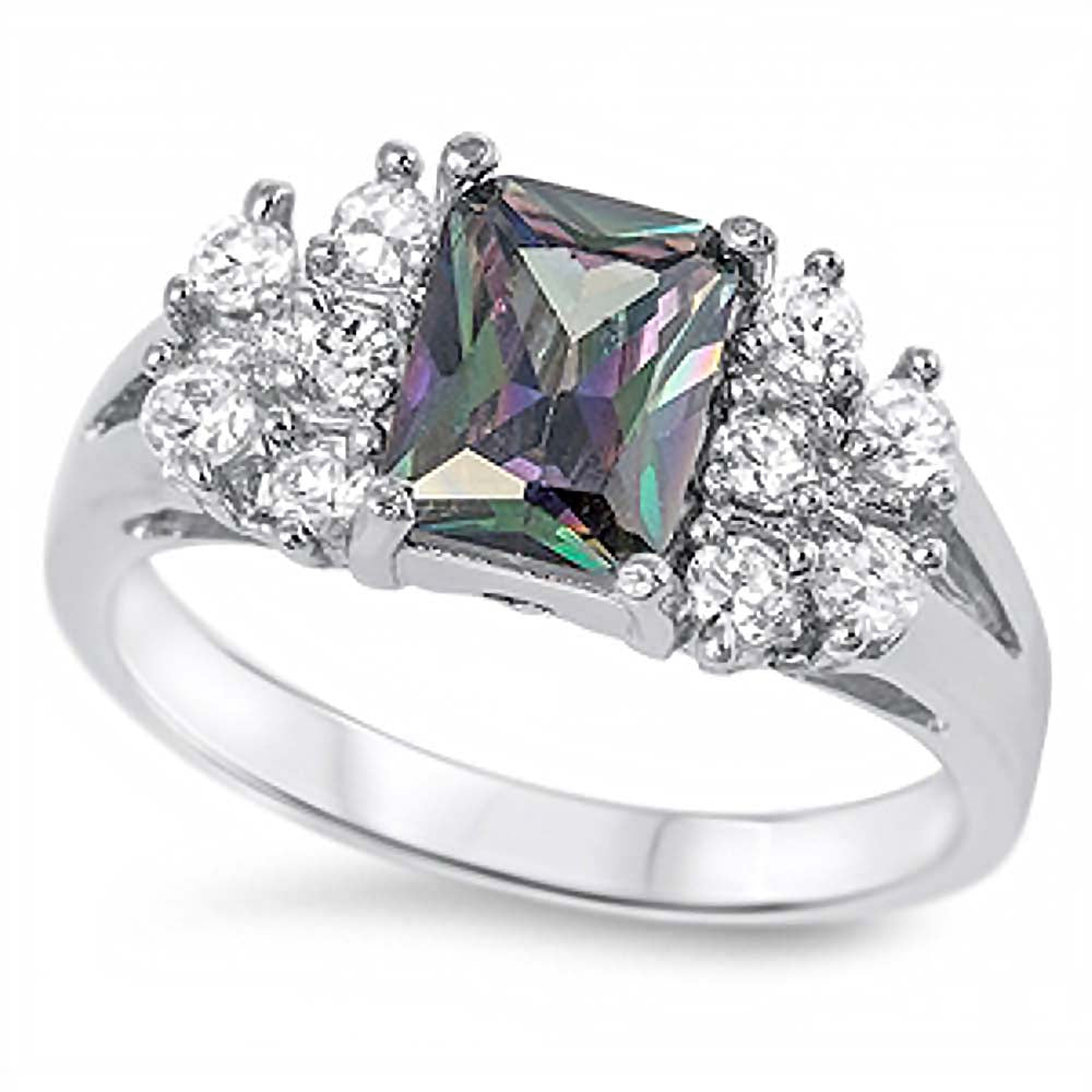Sterling Silver Princess Cut Rainbow Topaz CZ On Prong Setting with Fancy Side ViewsAnd Face Height 9MM