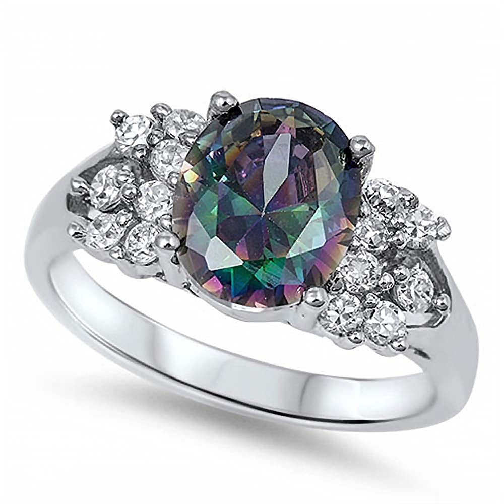 Sterling Silver Solitaire Oval Cut Rainbow Topaz CZ Set on Prong Setting with Fancy Side View DesignAnd Face Height of 9MM