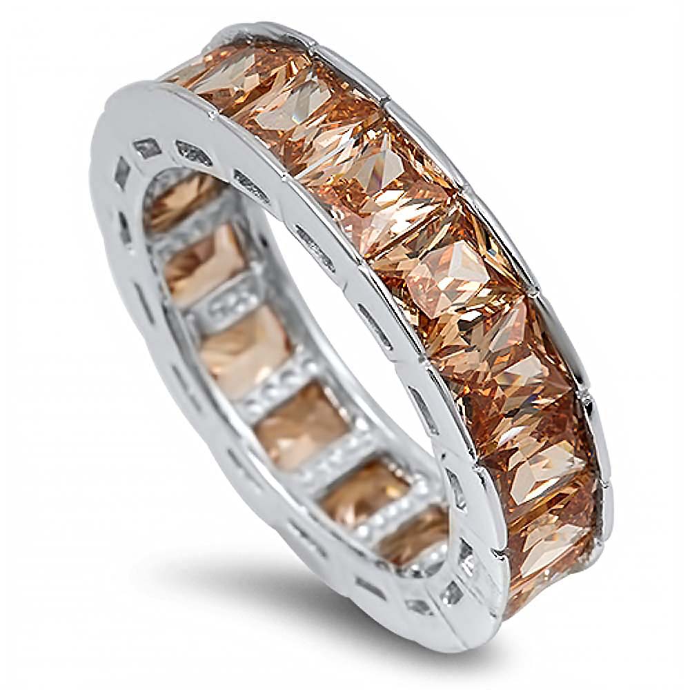Sterling Silver Rhodium Plated Round Wedding Band Shaped Champagne CZ RingAnd Face Height 6mm