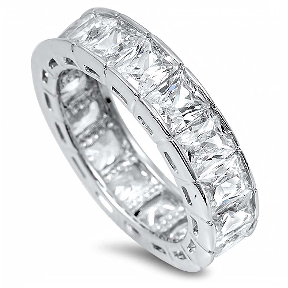 Sterling Silver Rhodium Plated Round Wedding Band Shaped Clear CZ RingAnd Face Height 6mm