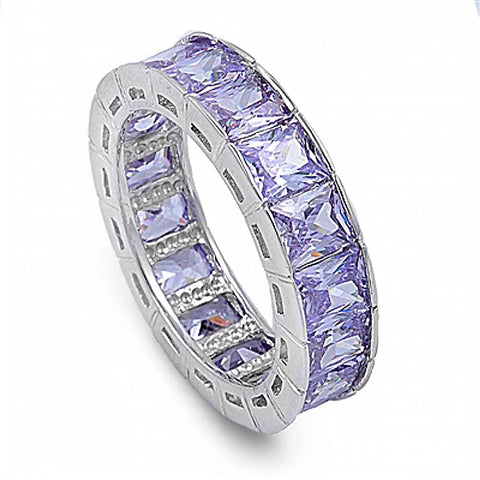 Sterling Silver Rhodium Plated Round Wedding Band Shaped Lavender CZ RingAnd Face Height 6mm