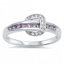 Load image into Gallery viewer, Sterling Silver Rhodium Plated Belt Shaped Amethyst And Clear CZ RingAnd Face Height 8mm