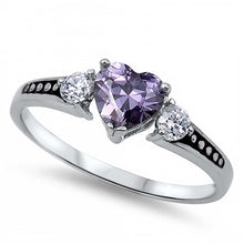 Load image into Gallery viewer, Sterling Silver Trendy Heart Cut Amethyst Cz on Center with Round Cut Clear Cz on Both Side RingAnd Face Height of 6MM