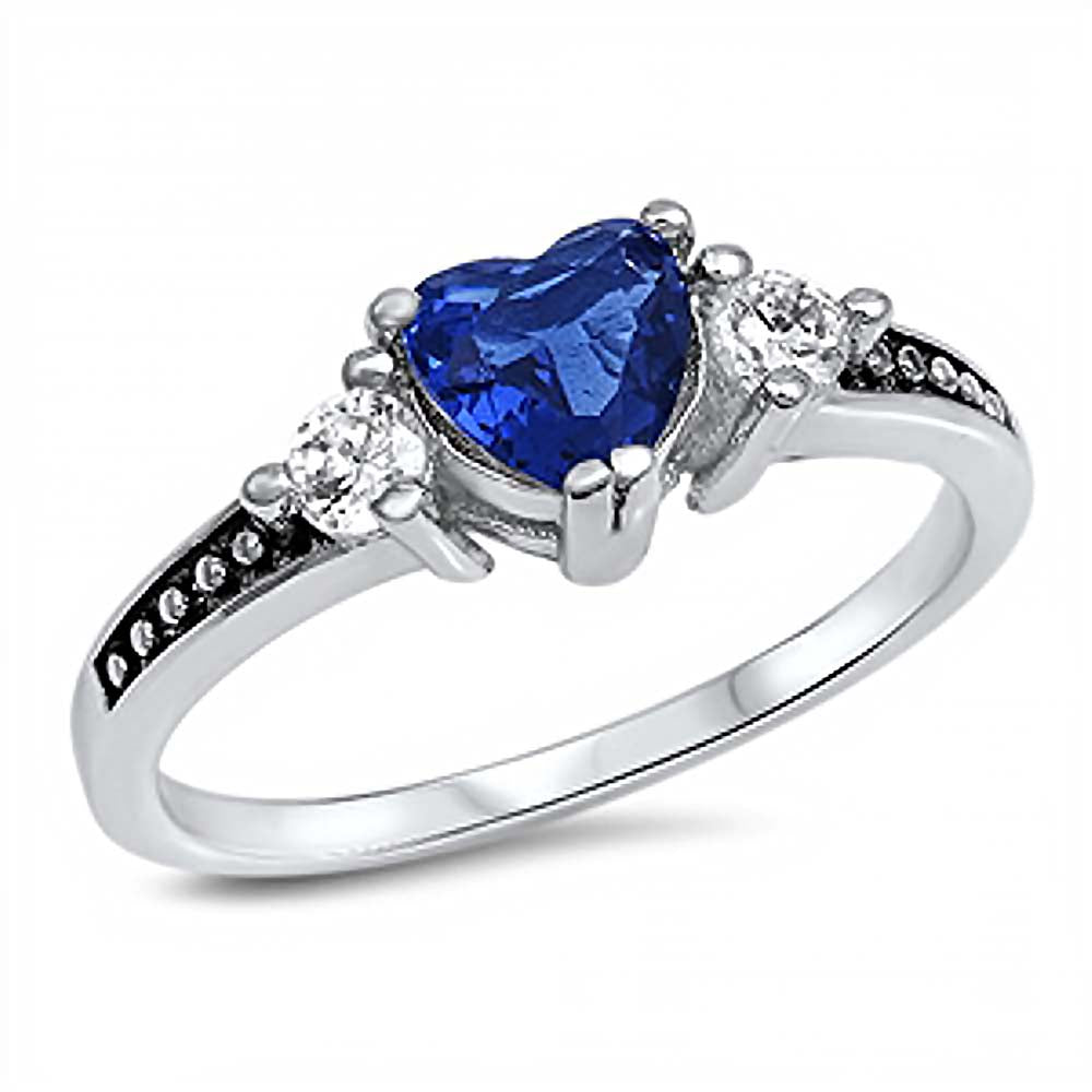 Sterling Silver Antique Style Heart Cut Blue Sapphire Cz Ring with Round Clear Cz Stones on Both SidesAnd Face Height of 6MM