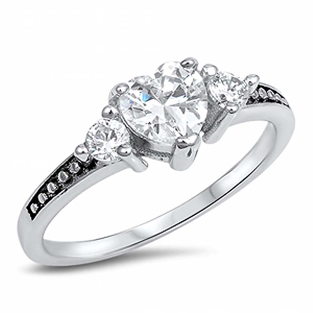 Sterling Silver Antique Style Heart Cut Clear Cz Ring with Round Clear Cz Stones on Both SidesAnd Face Height of 6MM