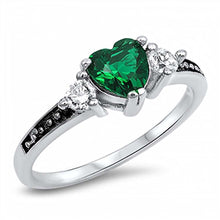 Load image into Gallery viewer, Sterling Silver Antique Style Heart Cut Emerald Cz Ring with Round Clear Cz Stones on Both SidesAnd Face Height of 6MM