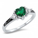 Sterling Silver Antique Style Heart Cut Emerald Cz Ring with Round Clear Cz Stones on Both SidesAnd Face Height of 6MM