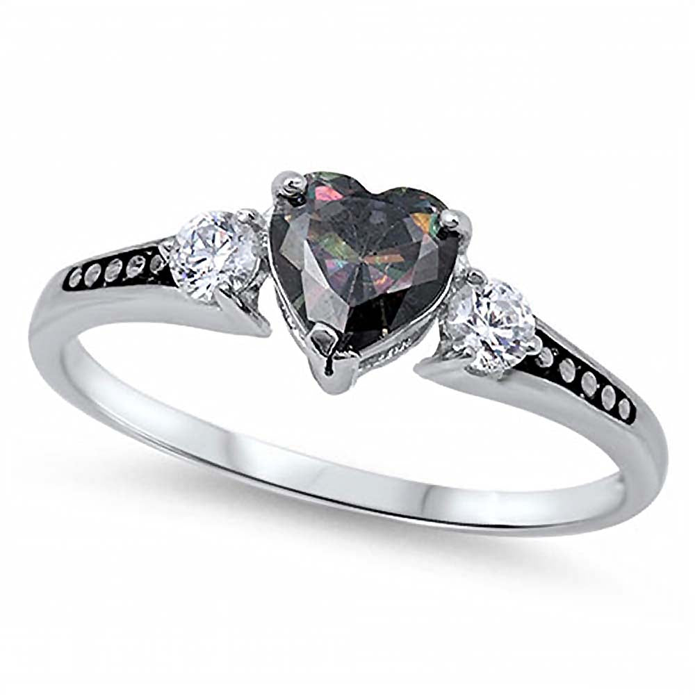 Sterling Silver Elegant 3 Stone Ring with Centered Heart Cut Rainbow Topaz CZ On Prong Setting, Face Height 6MM
