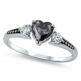 Sterling Silver Elegant 3 Stone Ring with Centered Heart Cut  Rainbow Topaz Simulated Diamond On Prong SettingAnd Face Height 6MM
