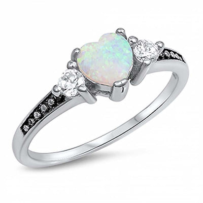 Sterling Silver Antique Style Heart Cut White Lab Opal Ring with Round Clear Cz Stones on Both SidesAnd Face Height of 6MM