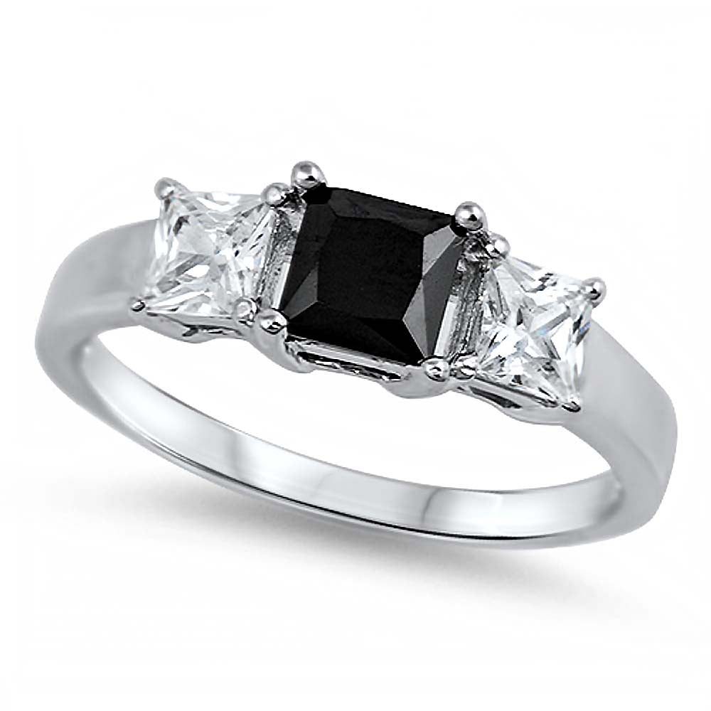 Sterling Silver Classy Three Princess Cut Black Cz on Center and Clear Cz on Both Side Ring with Face Height of 4MM