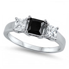 Load image into Gallery viewer, Sterling Silver Classy Three Princess Cut Black Cz on Center and Clear Cz on Both Side Ring with Face Height of 4MM